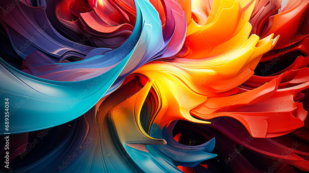 Poster vibrant digital art of swirling colors and abstract shapes creating a dynamic and energetic vortex o