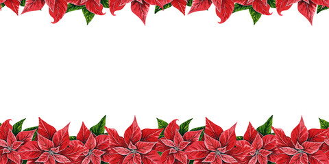Christmas seamless border with poinsettia flowers, hand painted watercolor illustration isolated on white background. Floral illustration for Christmas, New Year decoration, postcards, invitations. - obrazy, fototapety, plakaty