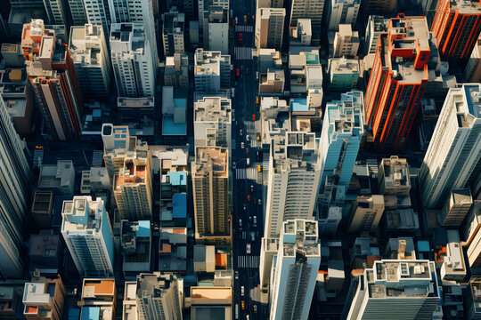 rone shot of a city, big city, top down view, birds eye view, city