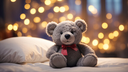 Cute teddy bear toy sitting on the bed in the bedroom