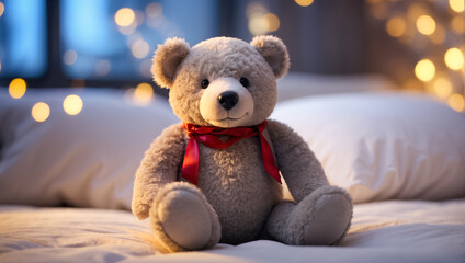 Cute  soft  teddy bear toy sitting on the bed in the bedroom