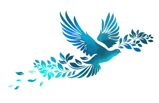 Peace bird. Blue dove with a twig abstraction. hand drawing. Not AI, Vector illustration