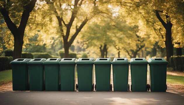 A shot of a row of recycling bins in a well, maintained city park
