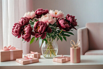 bouquet of delicate pink and burgundy peonies and a gift box with a bow on a white table.