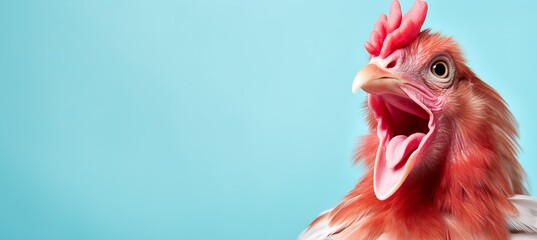 Styled happy chicken on pastel color background   studio fashion shot with copy space