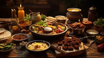 Obraz premium An abundant table adorned with succulent Eid delicacies such as sheer khurma and mutton curry.