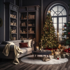 cozy living room with christmas decorations and a beautifully decorated christmas tree, early in the morning, dim dramatic lighting