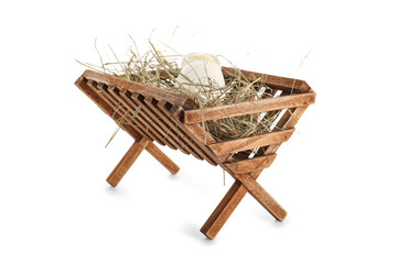 Manger with baby and hay on white background. Concept of Christmas story