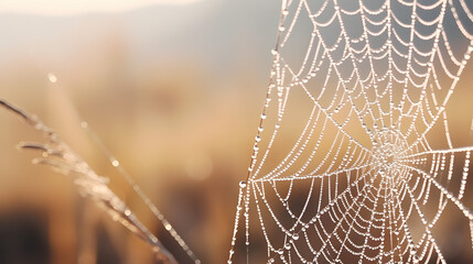 Macro shot of a dew-covered spider web in early morning. - obrazy, fototapety, plakaty