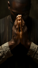 African American man praying in dark environment