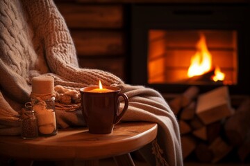 Warm cozy fireplace with real wood burning in it. Magical atmosphere. Cup of hot drink and book ready for evening relax.