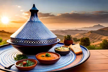 Gordijnen Traditional moroccan tajine of chicken with dried fruits and spices © Luci