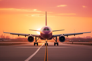 Fototapeta na wymiar Photo of landing plane on runway in golden hour