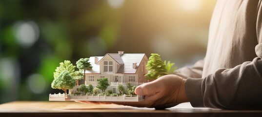 3d house model held in hands on blurred background   insurance and bank loan concept - obrazy, fototapety, plakaty