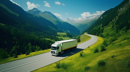 A beautiful truck is driving along a winding mountain road.