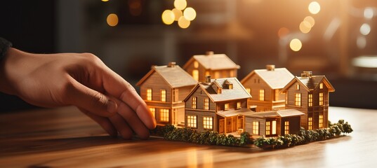 3d house model on human hands with blurred background   insurance or bank loan concept - obrazy, fototapety, plakaty