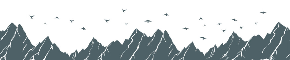 Seamless mountain background and Flying birds in the sky. Hand drawing. Not AI. Vector illustration