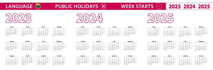 2023, 2024, 2025 year vector calendar in Lithuanian language, week starts on Sunday.