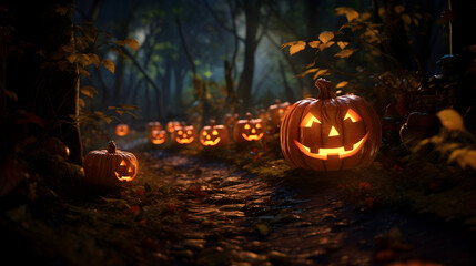Spooky Halloween Pumpkins Glowing in a Mysterious Forest