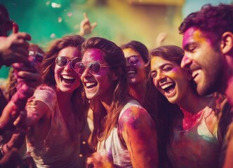 a group of friends having fun together at holi fest
