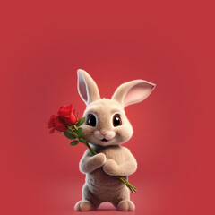 Obraz premium Cute Cartoon Bunny Rabbit Holding a Bouquet of Red Roses for Valentines Day with Space for Copy