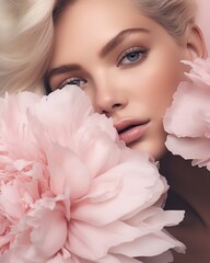 Close-up of a stylish blonde woman surrounded by large soft pink peony blossoms, looking tranquil