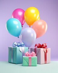 Elegant gift boxes with colorful balloons, capturing the essence of celebrations and happy occasions