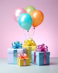 Bright and colorful gift boxes tied with elegant ribbons and accompanied by shiny, floating helium balloons