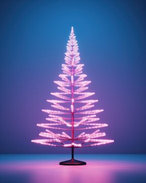 Sleek artificial christmas tree in a neon pink hue set against a calming blue background