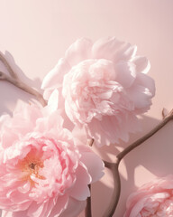 A close-up shot of lush, soft pink peonies in full bloom, creating a gentle and romantic atmosphere