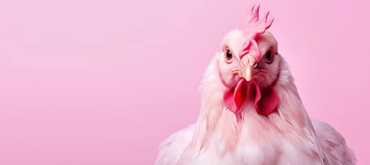 Rolgordijnen Stylish chicken on pastel background in studio fashion shot with copy space for text placement © Eva