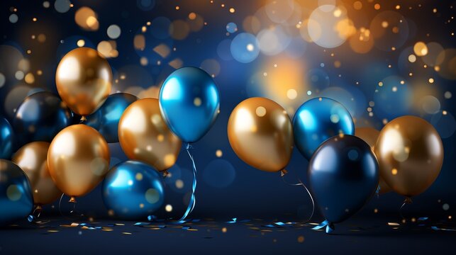 Golden and blue metallic balloons with confetti and ribbons on blurred background for events