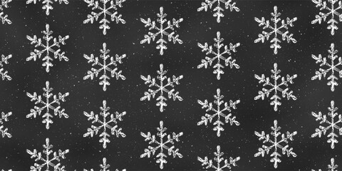 Naklejka na ściany i meble Seamless Grunge Pattern of Chalk Drawn Sketches White Snowflakes on Black Chalkboard Backdrop.