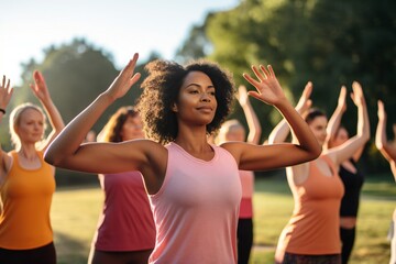 Group of multiethnic women stretching arms outdoor. Yoga class doing breathing exercise at park. Beautiful fit women doing breath exercise together with outstretched arms 