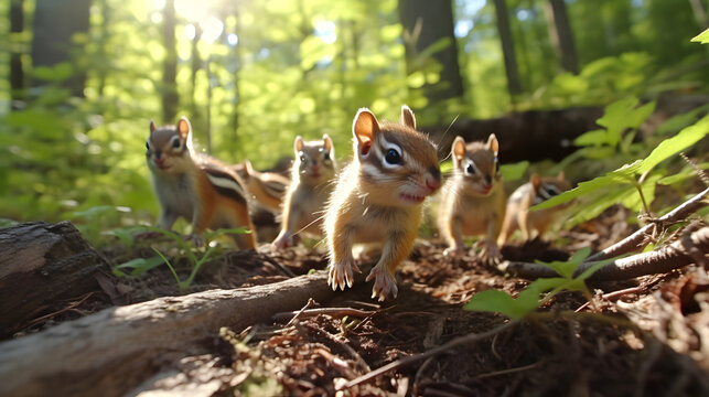 Chipmunks scampering on forest floor lively and energetic --ar 16:9 --v 5.2 --style raw