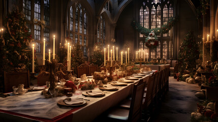Christmas banquet medieval castle grandeur candlelight --ar 16:9 --v 5.2 --style raw - obrazy, fototapety, plakaty