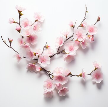 colorful pink blossoming cherry blossom branches shot against a white background,