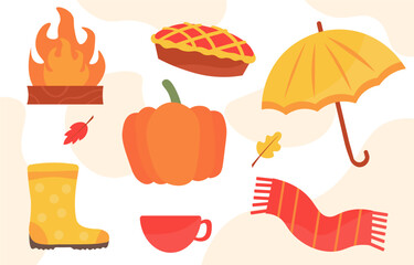 Autumn elements set. Pumpkin and yellow umbrella and rubber boots. Fall season symbols for windy, wet and hot weather. Cartoon flat vector collection isolated on white background