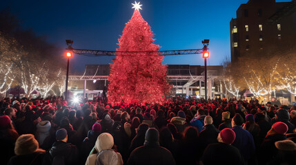 Christmas tree lighting ceremony large crowd festive spirit --ar 16:9 --v 5.2 --style raw - obrazy, fototapety, plakaty