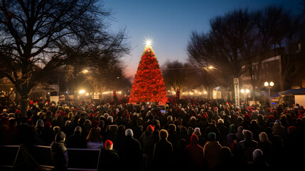Christmas tree lighting ceremony large crowd festive spirit --ar 16:9 --v 5.2 --style raw - obrazy, fototapety, plakaty