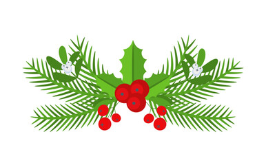 Christmas floral border. Spruce evergreen branch, poinsettia and holly berry