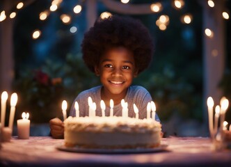 Sweet 5 year old black american kid celebrating her birthday in her backyard with birthday cake.