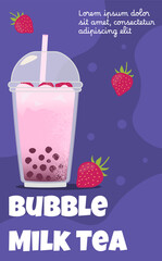 Banner bubble milk tea. Blue flyer or leaflet. Plastic cup with strawberry beverage. Aroma coffee and tea. Graphic element for website. Menu for cafe, catering. Cartoon flat vector illustration