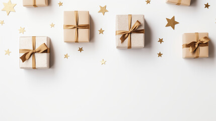 Many beautiful gift boxes with golden satin ribbon and bow on white background.Holiday gifts with Birthday or Christmas present, flat lay, happy mother day copy space. Generative AI.