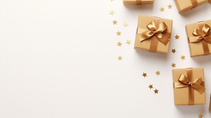 Obraz na płótnie Canvas Many beautiful gift boxes with golden satin ribbon and bow on white background.Holiday gifts with Birthday or Christmas present, flat lay, happy mother day copy space. Generative AI.