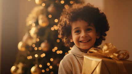 Happy New Year. Portrait of excited little arab american boy laughing while holding xmas gift box on Christmas tree background. Winter holidays, celebrations and party. New Year time. Generative AI. - obrazy, fototapety, plakaty