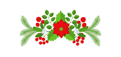 Christmas floral border. Spruce evergreen branch, poinsettia and holly berry