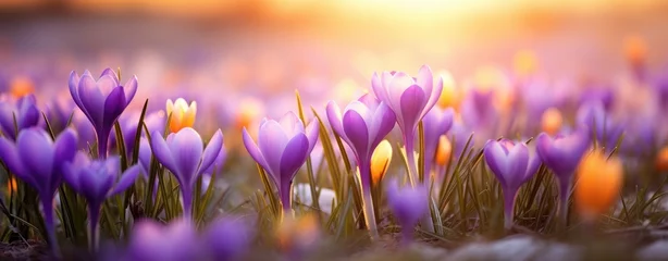 Foto op Plexiglas crocus flower at sunrise close up in the field © olegganko