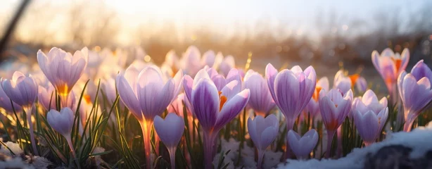 Poster crocus flower at sunrise close up in the field © olegganko