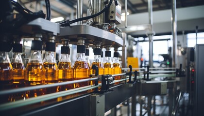 Beverage filling process with advanced equipment at factory pouring drinks into glass bottles